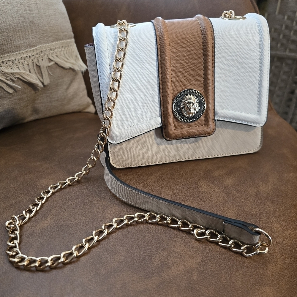 Aldo White, Tan & Brown Crossbody Bag with Gold Chain
